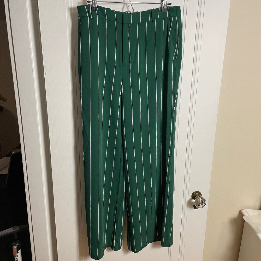 H&M Green Striped High Waist Wide-Leg Trousers